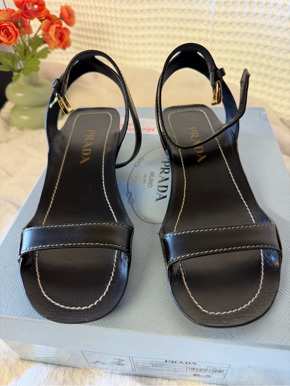 Prada Calzature Donna Black Leather Sandals 36.5 1X527N w/ Box